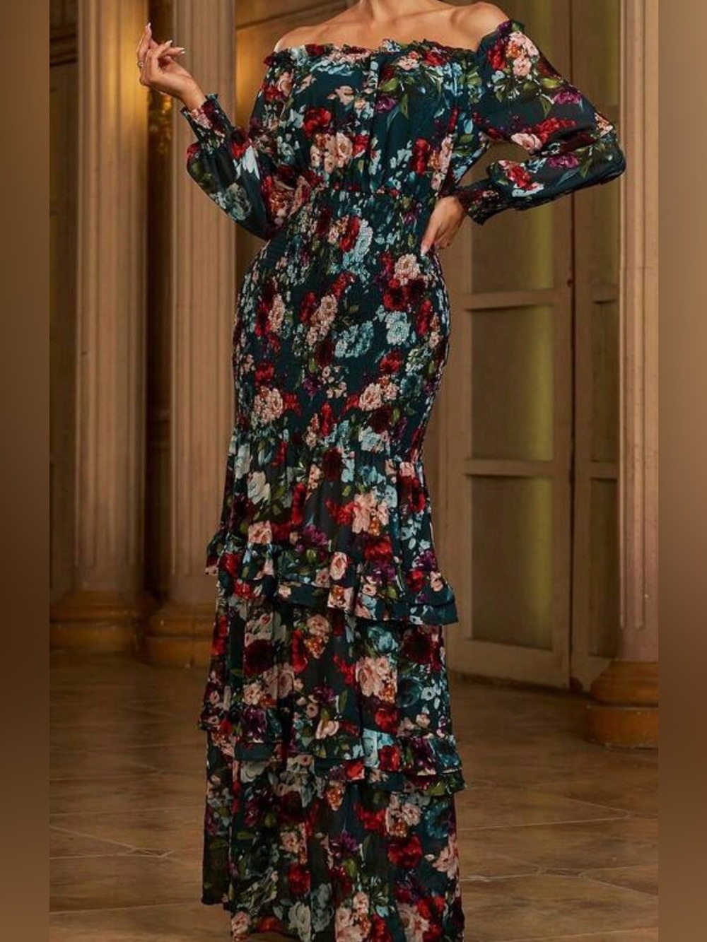 Off-Shoulder Floral Ruffle Tiered Maxi Dress in Dark Teal